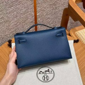 Hermes Kelly Pochette Handmade In Epsom Calfskin Leather Silver Hardware S4 Deep Blue - Image 2