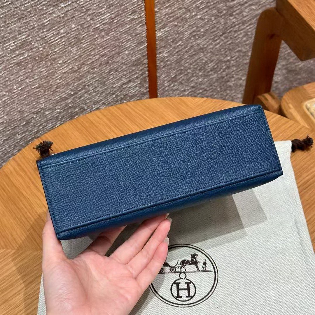 Hermes Kelly Pochette Handmade In Epsom Calfskin Leather Silver Hardware S4 Deep Blue - Image 14