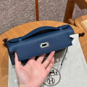 Hermes Kelly Pochette Handmade In Epsom Calfskin Leather Silver Hardware S4 Deep Blue - Image 13