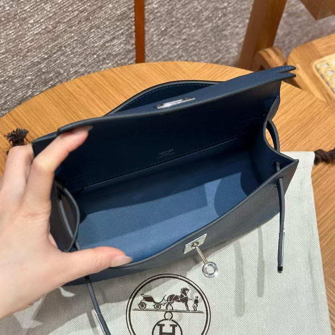 Hermes Kelly Pochette Handmade In Epsom Calfskin Leather Silver Hardware S4 Deep Blue - Image 12