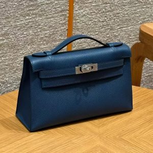Hermes Kelly Pochette Handmade In Epsom Calfskin Leather Silver Hardware S4 Deep Blue - Image 9