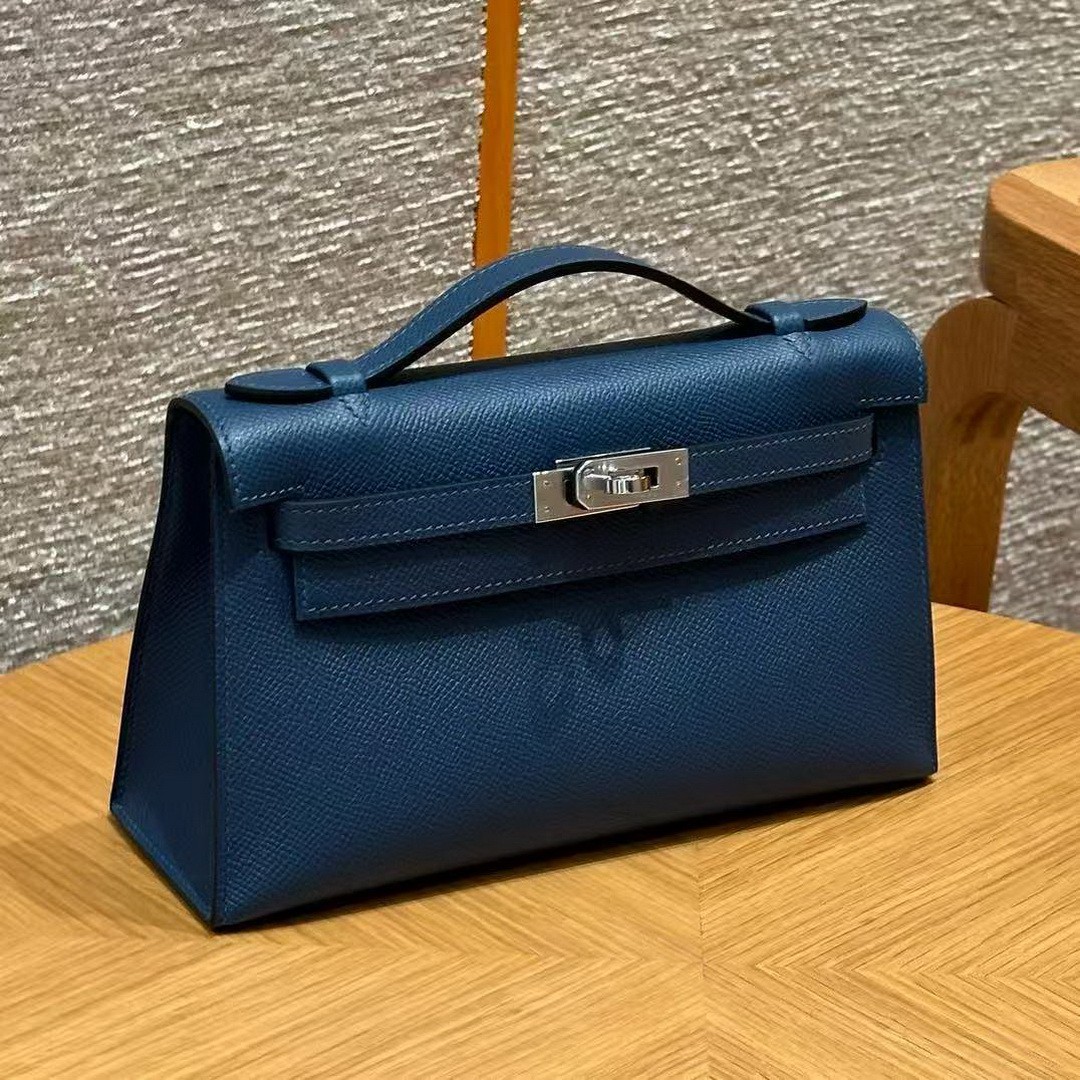 Hermes Kelly Pochette Handmade In Epsom Calfskin Leather Silver Hardware S4 Deep Blue - Image 9