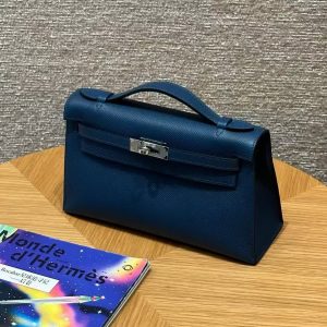 Hermes Kelly Pochette Handmade In Epsom Calfskin Leather Silver Hardware S4 Deep Blue - Image 8