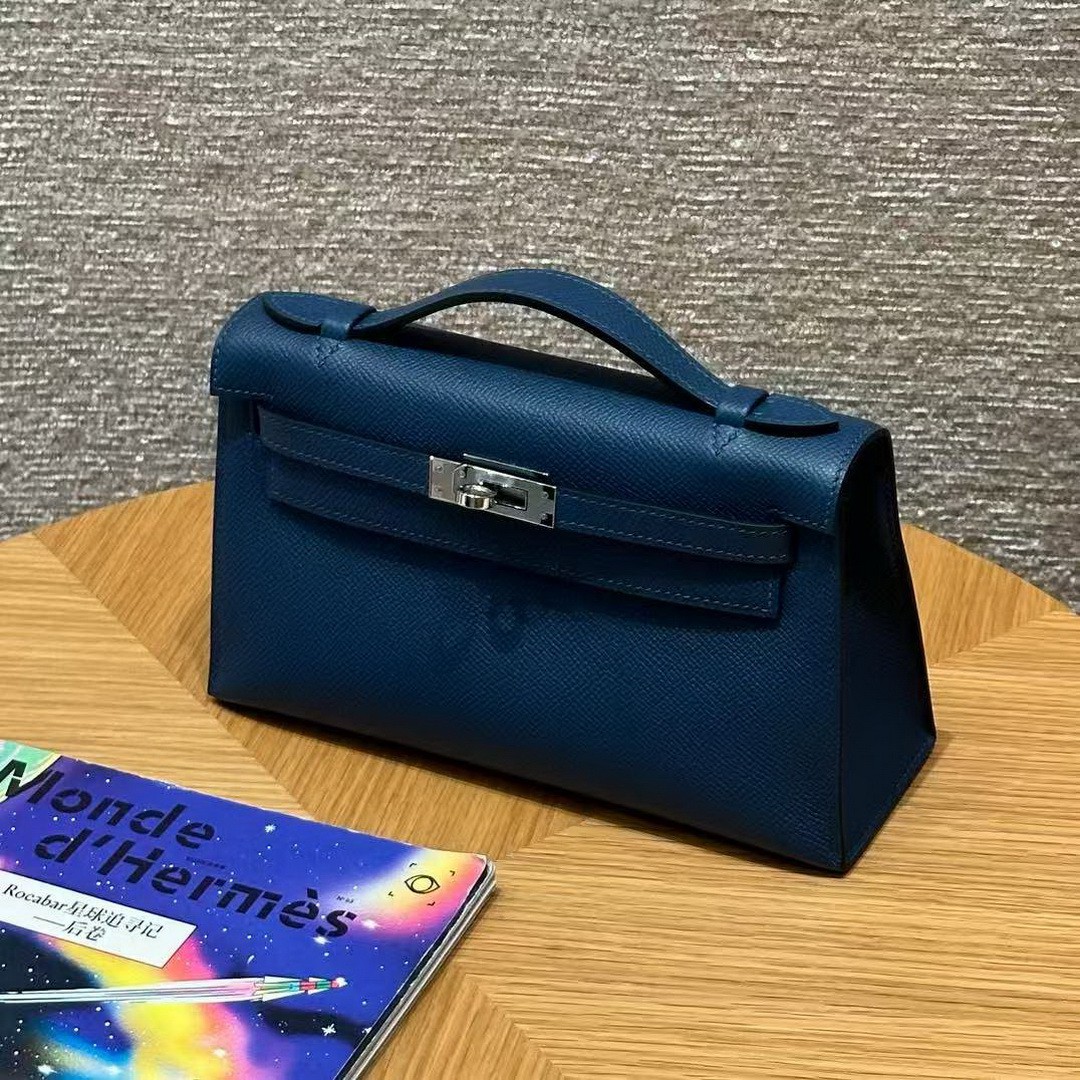 Hermes Kelly Pochette Handmade In Epsom Calfskin Leather Silver Hardware S4 Deep Blue - Image 8