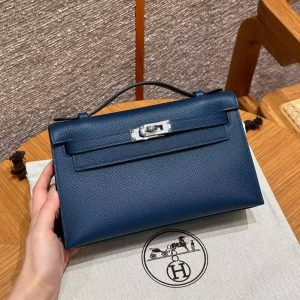 Hermes Kelly Pochette Handmade In Epsom Calfskin Leather Silver Hardware S4 Deep Blue - Image 7