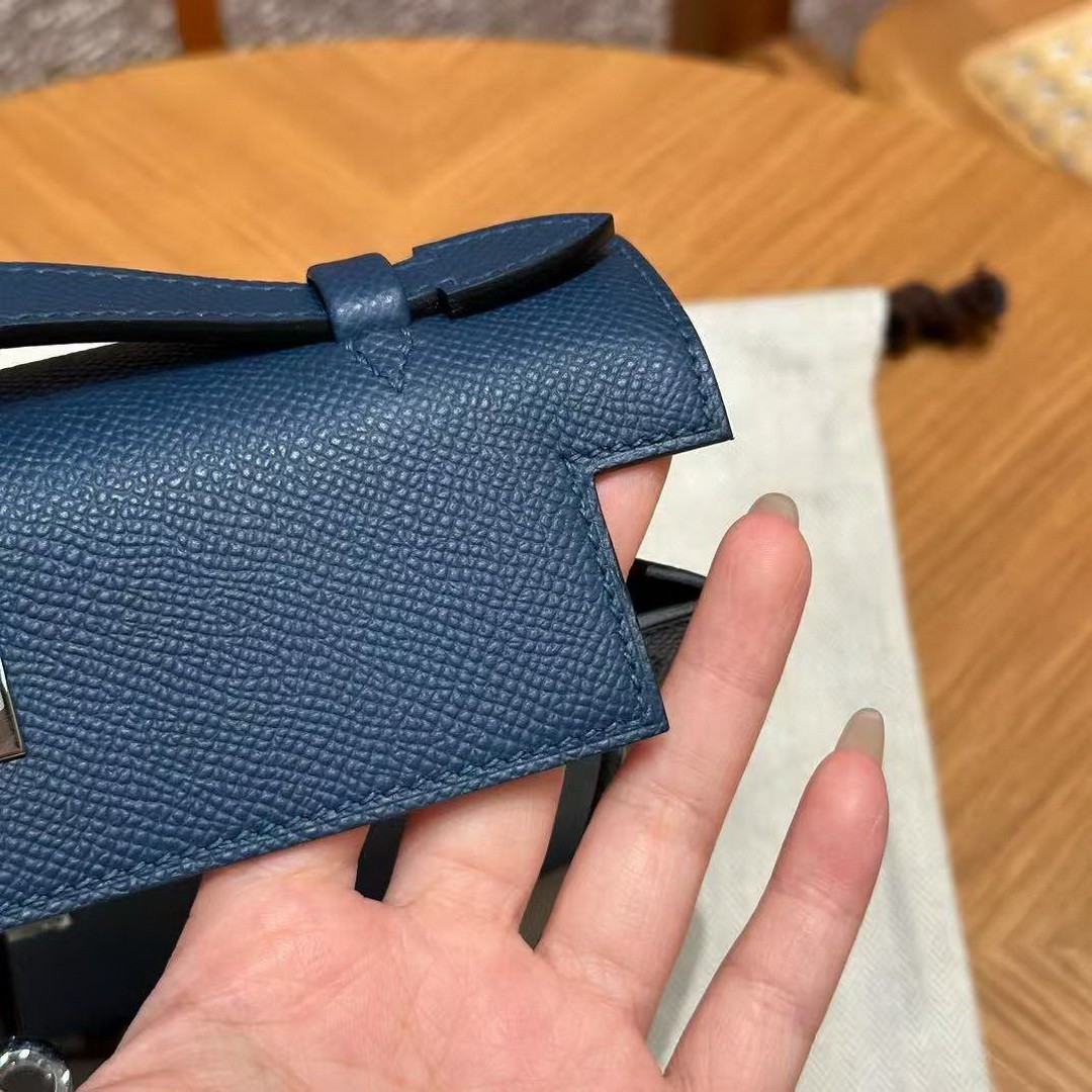 Hermes Kelly Pochette Handmade In Epsom Calfskin Leather Silver Hardware S4 Deep Blue - Image 4
