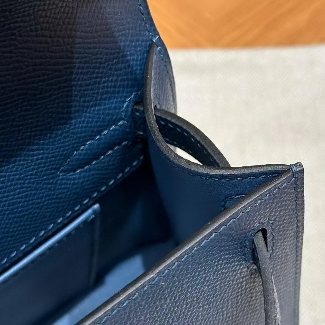 Hermes Kelly Pochette Handmade In Epsom Calfskin Leather Silver Hardware S4 Deep Blue - Image 3
