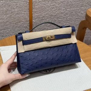 Hermes Kelly Pochette Handmade In KK Ostrich Leather from South Africa Gold Hardware 73 Blue Saphir