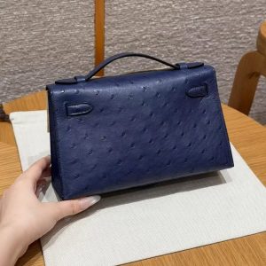 Hermes Kelly Pochette Handmade In KK Ostrich Leather from South Africa Gold Hardware 73 Blue Saphir - Image 2
