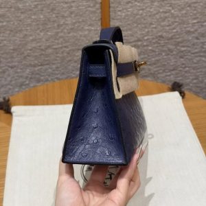 Hermes Kelly Pochette Handmade In KK Ostrich Leather from South Africa Gold Hardware 73 Blue Saphir - Image 18