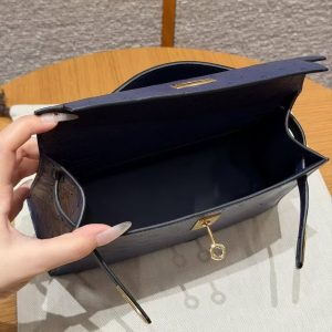 Hermes Kelly Pochette Handmade In KK Ostrich Leather from South Africa Gold Hardware 73 Blue Saphir - Image 15