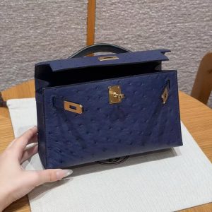 Hermes Kelly Pochette Handmade In KK Ostrich Leather from South Africa Gold Hardware 73 Blue Saphir - Image 11