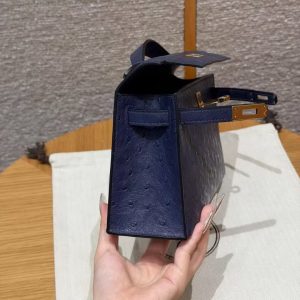 Hermes Kelly Pochette Handmade In KK Ostrich Leather from South Africa Gold Hardware 73 Blue Saphir - Image 10