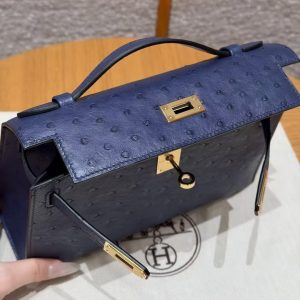 Hermes Kelly Pochette Handmade In KK Ostrich Leather from South Africa Gold Hardware 73 Blue Saphir - Image 8