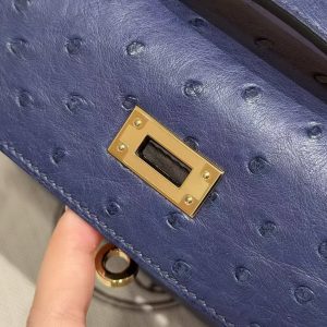 Hermes Kelly Pochette Handmade In KK Ostrich Leather from South Africa Gold Hardware 73 Blue Saphir - Image 7