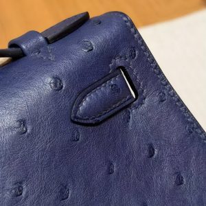 Hermes Kelly Pochette Handmade In KK Ostrich Leather from South Africa Gold Hardware 73 Blue Saphir - Image 4