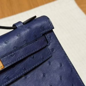 Hermes Kelly Pochette Handmade In KK Ostrich Leather from South Africa Gold Hardware 73 Blue Saphir - Image 3