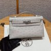 Hermes Kelly Pochette Handmade In KK Ostrich Leather from South Africa Silver Hardware 80 Girs Perle