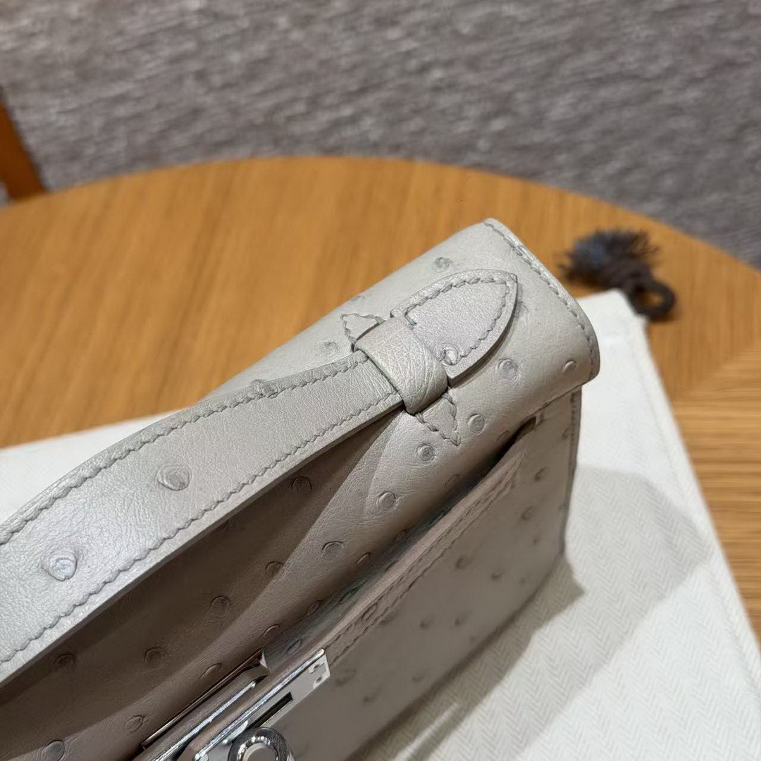 Hermes Kelly Pochette Handmade In KK Ostrich Leather from South Africa Silver Hardware 80 Girs Perle - Image 19