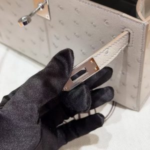 Hermes Kelly Pochette Handmade In KK Ostrich Leather from South Africa Silver Hardware 80 Girs Perle - Image 10