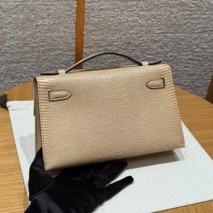 Hermes Kelly Pochette Handmade In Lizard Leather from South Africa Gold Hardware 0M Chai - Image 19