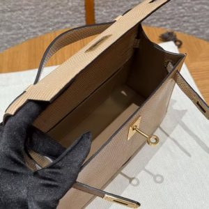 Hermes Kelly Pochette Handmade In Lizard Leather from South Africa Gold Hardware 0M Chai - Image 16