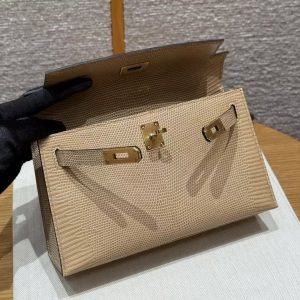 Hermes Kelly Pochette Handmade In Lizard Leather from South Africa Gold Hardware 0M Chai - Image 12