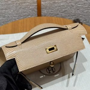 Hermes Kelly Pochette Handmade In Lizard Leather from South Africa Gold Hardware 0M Chai - Image 11