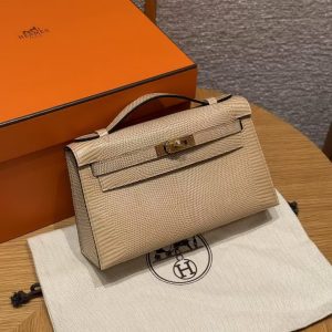 Hermes Kelly Pochette Handmade In Lizard Leather from South Africa Gold Hardware 0M Chai - Image 4