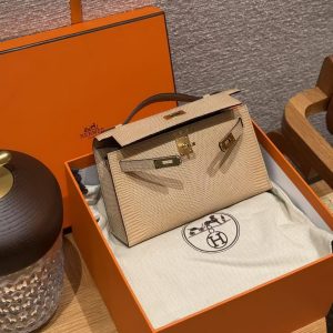 Hermes Kelly Pochette Handmade In Lizard Leather from South Africa Gold Hardware 0M Chai - Image 3