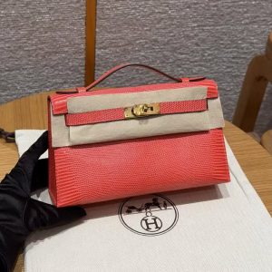 Hermes Kelly Pochette Handmade In Lizard Leather from South Africa Gold Hardware 51 Rouge Exotique