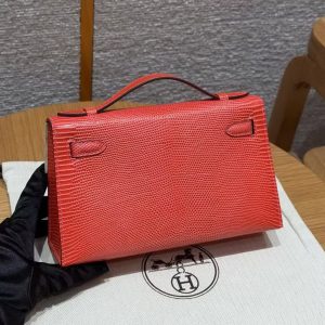 Hermes Kelly Pochette Handmade In Lizard Leather from South Africa Gold Hardware 51 Rouge Exotique - Image 2