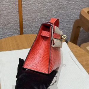 Hermes Kelly Pochette Handmade In Lizard Leather from South Africa Gold Hardware 51 Rouge Exotique - Image 20