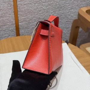 Hermes Kelly Pochette Handmade In Lizard Leather from South Africa Gold Hardware 51 Rouge Exotique - Image 19