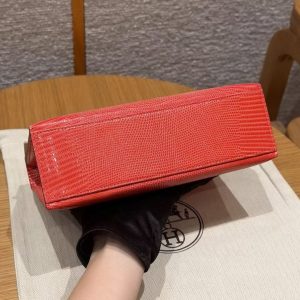 Hermes Kelly Pochette Handmade In Lizard Leather from South Africa Gold Hardware 51 Rouge Exotique - Image 18