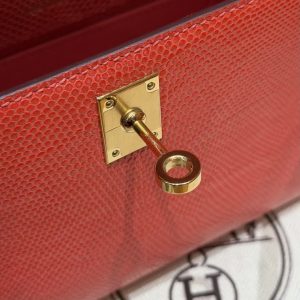 Hermes Kelly Pochette Handmade In Lizard Leather from South Africa Gold Hardware 51 Rouge Exotique - Image 15
