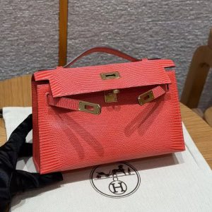 Hermes Kelly Pochette Handmade In Lizard Leather from South Africa Gold Hardware 51 Rouge Exotique - Image 11