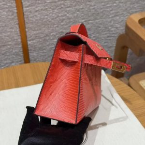 Hermes Kelly Pochette Handmade In Lizard Leather from South Africa Gold Hardware 51 Rouge Exotique - Image 10