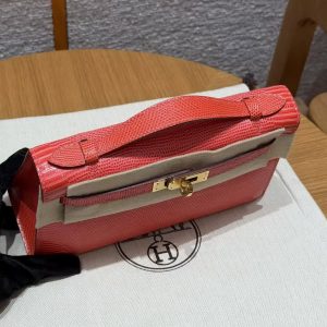Hermes Kelly Pochette Handmade In Lizard Leather from South Africa Gold Hardware 51 Rouge Exotique - Image 6