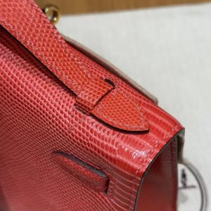 Hermes Kelly Pochette Handmade In Lizard Leather from South Africa Gold Hardware 51 Rouge Exotique - Image 4
