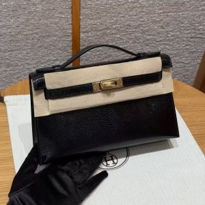 Hermes Kelly Pochette Handmade In Lizard Leather from South Africa Gold Hardware 89 Noir