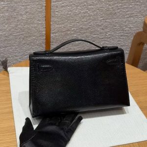 Hermes Kelly Pochette Handmade In Lizard Leather from South Africa Gold Hardware 89 Noir - Image 2