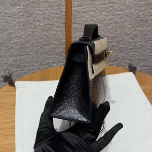 Hermes Kelly Pochette Handmade In Lizard Leather from South Africa Gold Hardware 89 Noir - Image 18