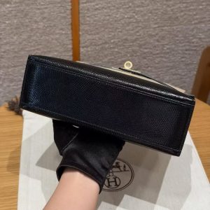 Hermes Kelly Pochette Handmade In Lizard Leather from South Africa Gold Hardware 89 Noir - Image 17