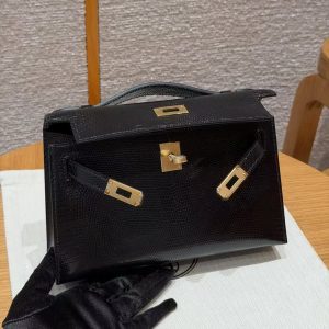 Hermes Kelly Pochette Handmade In Lizard Leather from South Africa Gold Hardware 89 Noir - Image 12