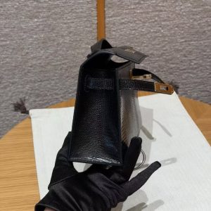 Hermes Kelly Pochette Handmade In Lizard Leather from South Africa Gold Hardware 89 Noir - Image 10