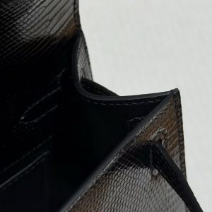 Hermes Kelly Pochette Handmade In Lizard Leather from South Africa Gold Hardware 89 Noir - Image 9