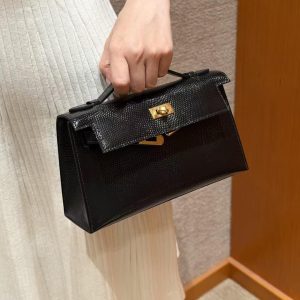 Hermes Kelly Pochette Handmade In Lizard Leather from South Africa Gold Hardware 89 Noir - Image 5