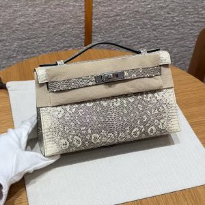 Hermes Kelly Pochette Handmade In Lizard Leather from South Africa Silver Hardware 1B Ombre