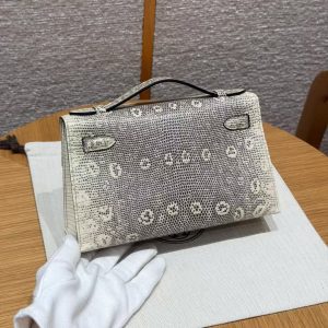 Hermes Kelly Pochette Handmade In Lizard Leather from South Africa Silver Hardware 1B Ombre - Image 2